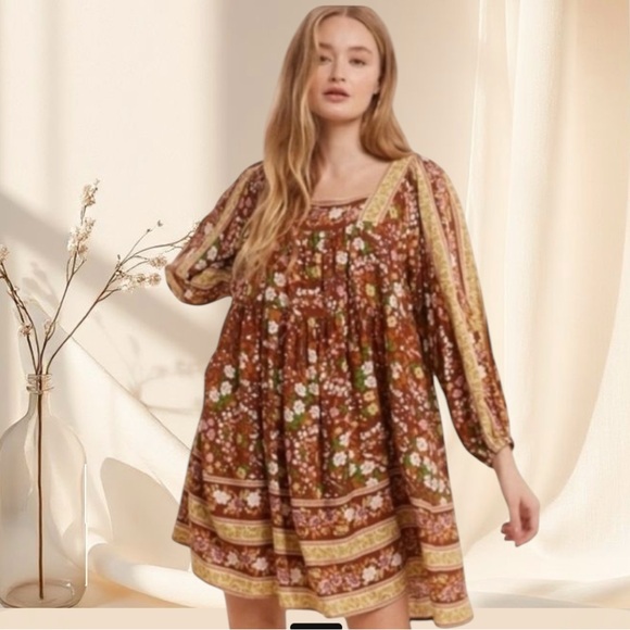 Brown Rust Orange Brown Floral Print Smocked Babydoll Mini Dress - Picture 4 of 8